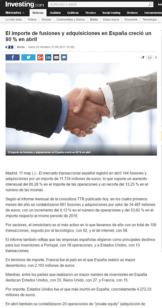 El importe de fusiones y adquisiciones en Espaa creci un 80 % en abril